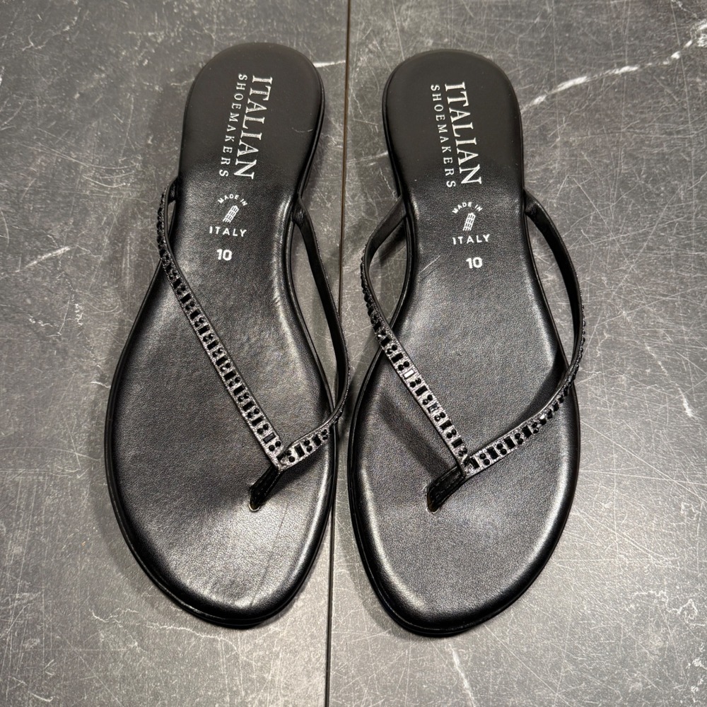 Women Italian Shoemakers Shoes | Size 10 | Black Rhinestone Thong Wedge Sandals